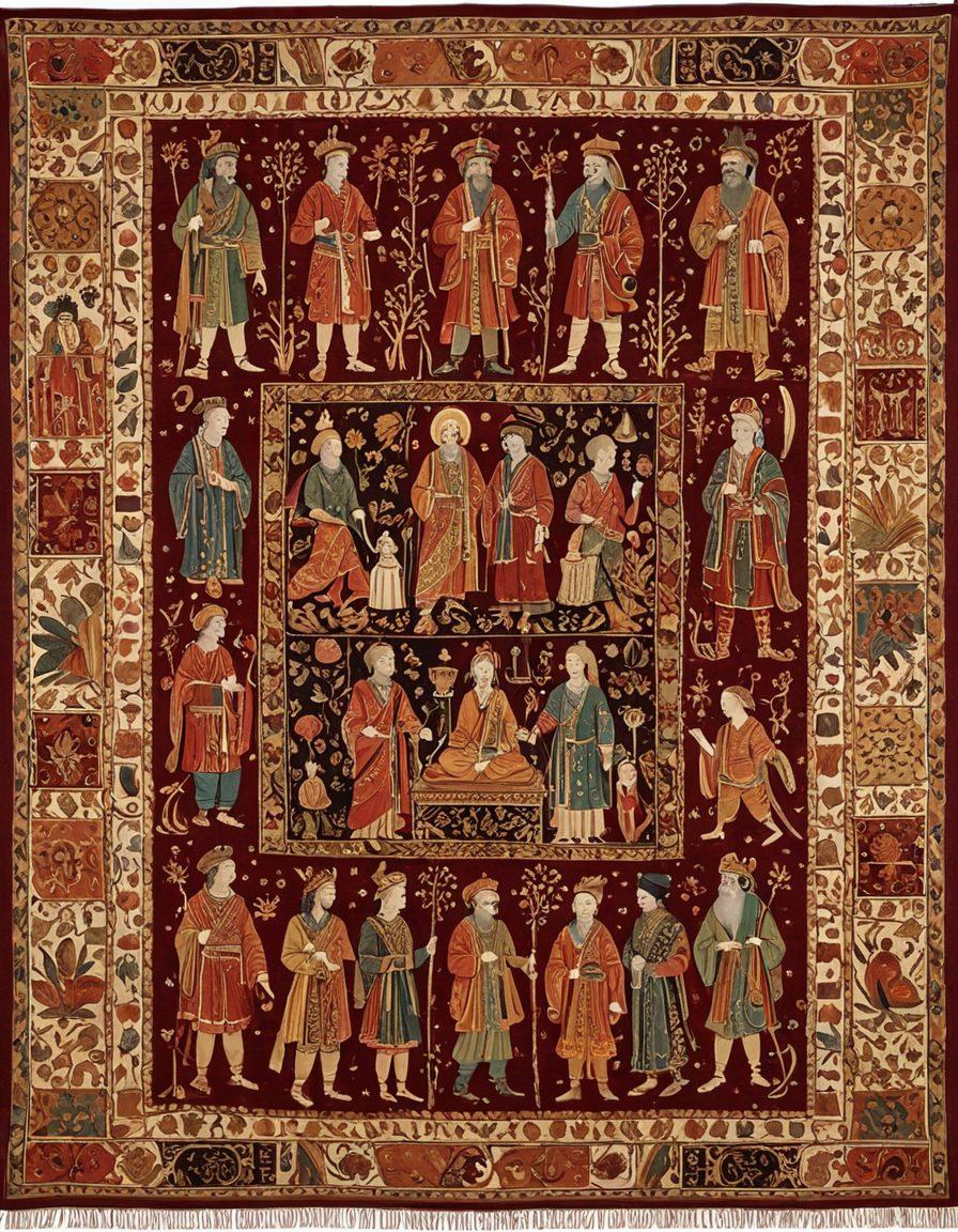 A visually stunning tapestry depicting various historical figures from different ages interconnected by vibrant threads representing cultural insights. Include elements like ancient manuscripts, artifacts, and symbols of diverse civilizations entwined throughout the fabric. Showcase a warm color palette that evokes nostalgia and curiosity. super-realistic. vibrant colors. textured fabric.