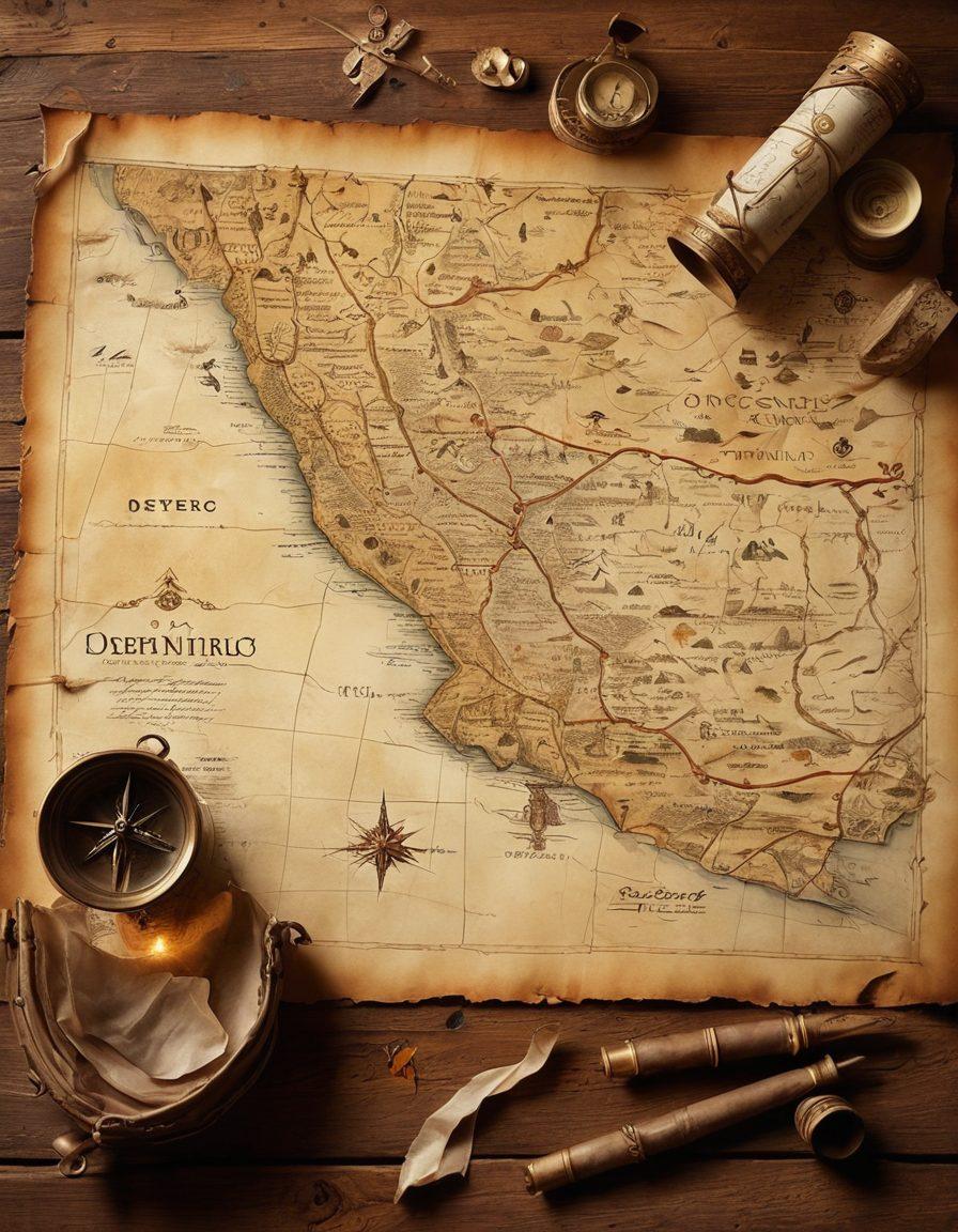 A vintage-style map overlaying ancient ruins with explorers discovering hidden artifacts, surrounded by historical symbols like parchment scrolls and quills. The scene is illuminated by soft golden light, evoking a sense of nostalgia and curiosity. Rich textures and warm colors should enhance the depth of history. painting. vibrant colors.